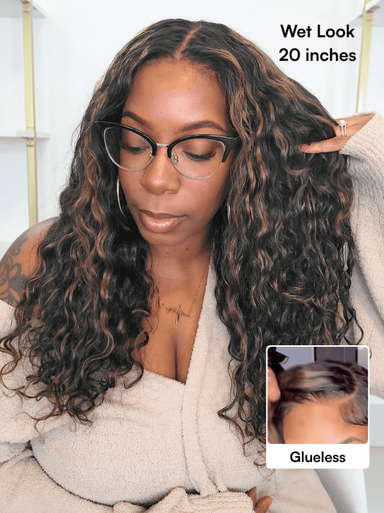 Golden Brown Highlight Water Wave 7x5 Bye Bye Knots Lace Closure Glueless Human Hair Wig with Drawstring