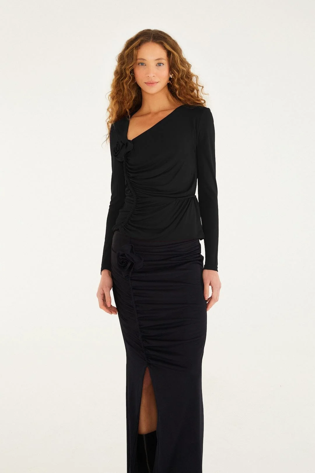 Black Flower Draped Side Slit Midi Skirt