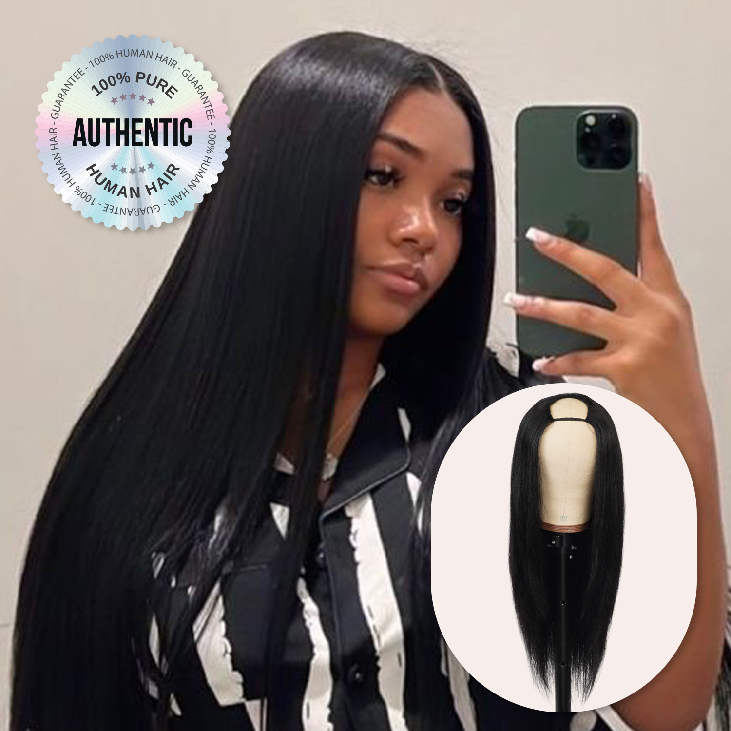 Diva Queen 100% Virgin Human Hair V-Part Clip Wig Straight Natural 20