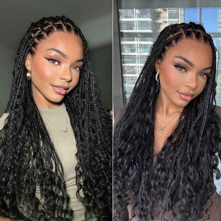 Readitress™ Light Weight Flexi-Fit Invisi Drawstring Cap Full Lace Knotless Boho Curls Braided Long Wig Super Natural Scalp