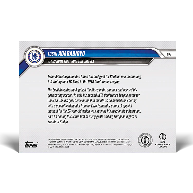 Tosin Adarabioyo - Heads home first goal for Chelsea - 24/25 UECL Topps NOW® Card 2