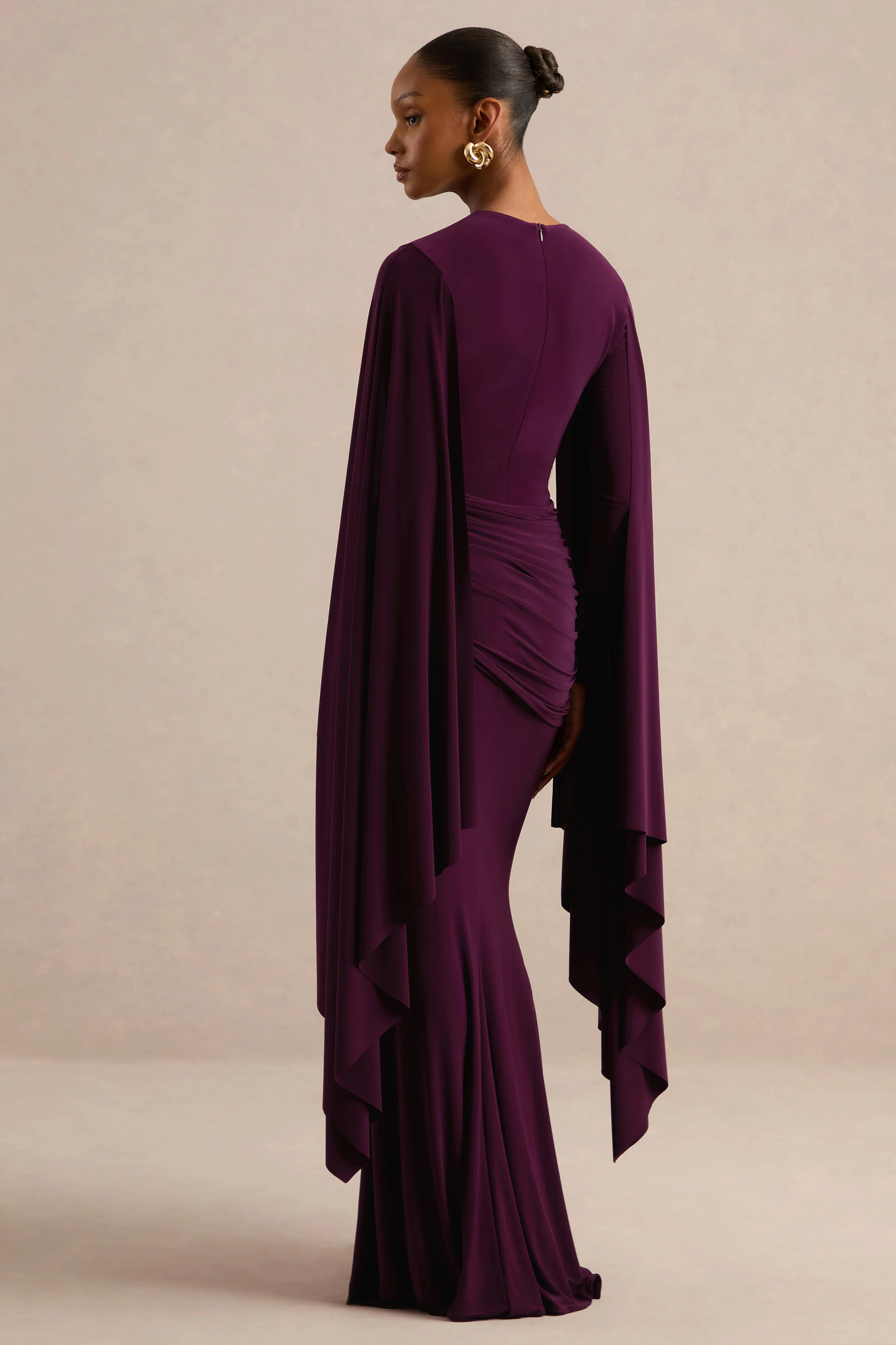 Sonaria | Purple Jersey Round Neck Long Sleeve Maxi Dress With Cape Sleeves And Draped Detailing