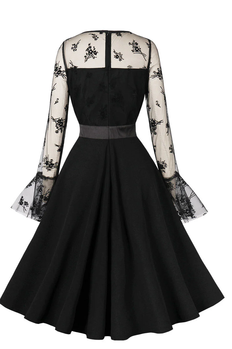 Mesh Long Sleeves Black Swing Dress