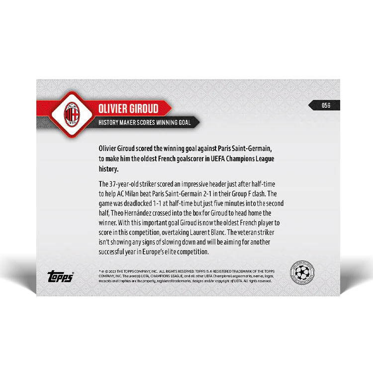 Topps UK - Olivier Giroud - History maker scores winning goal - UCL TOPPS NOW® Card #56