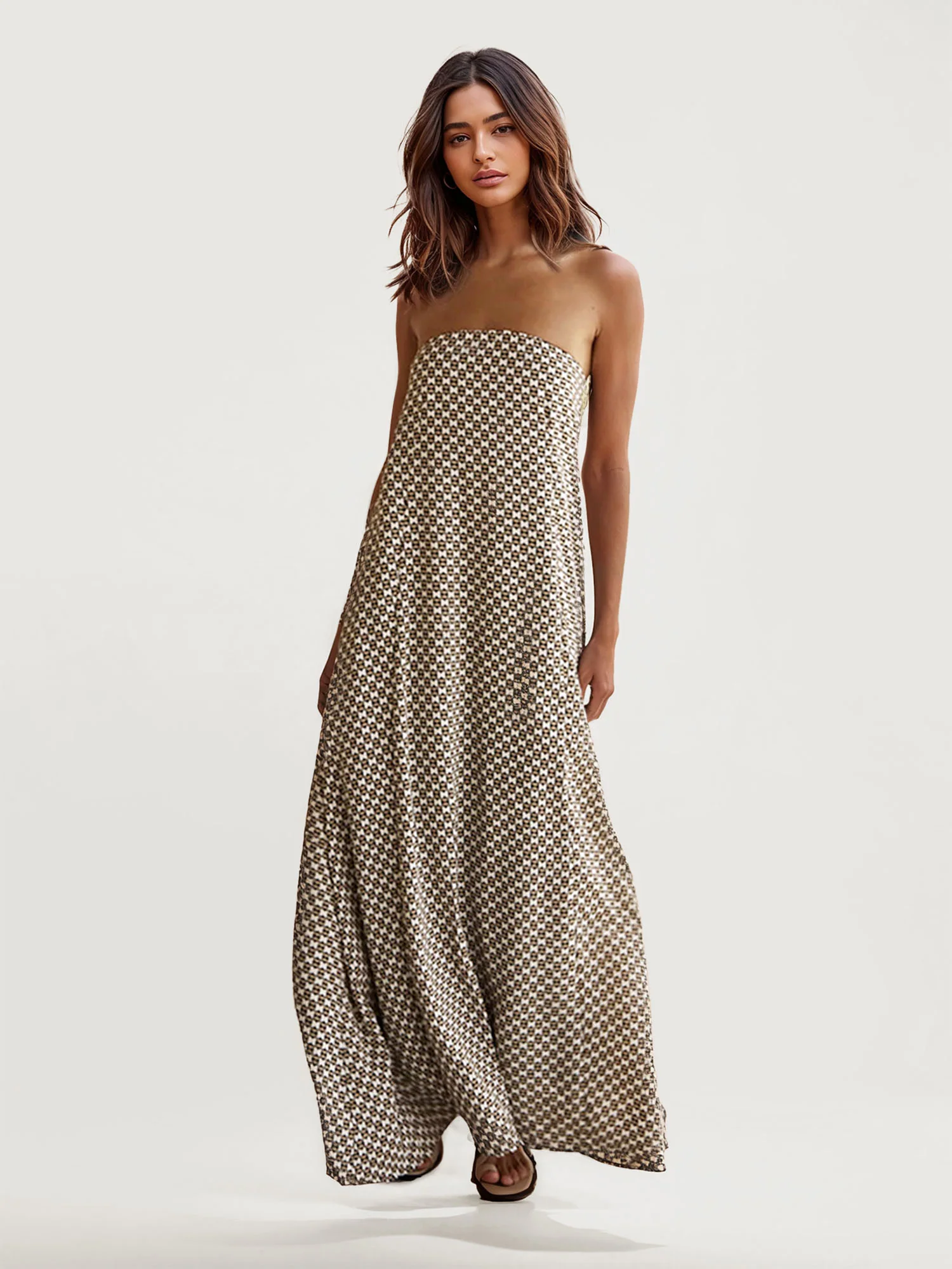 Geometric Print Strapless Maxi Dress