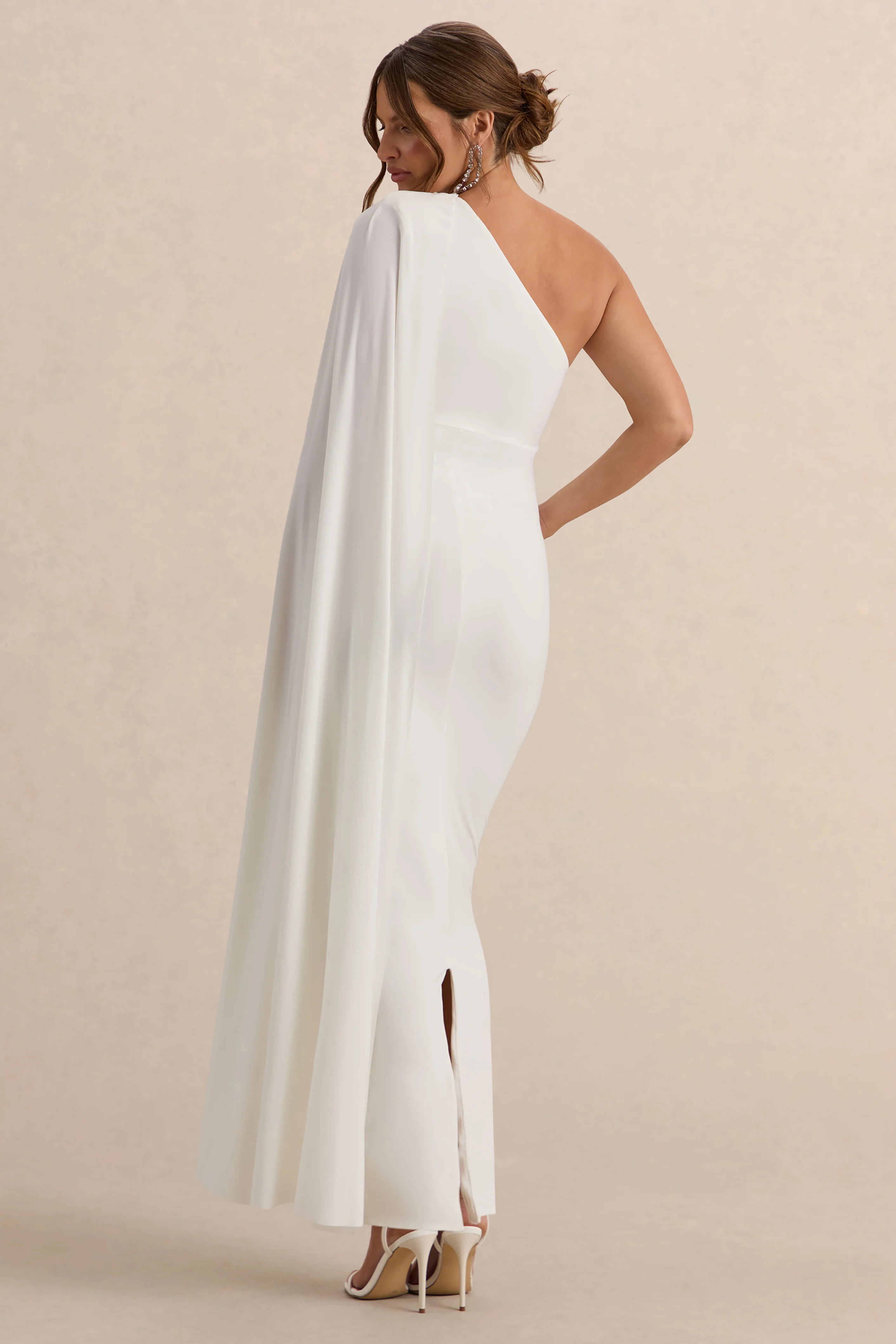 Amaryllis | White Maternity One Shoulder Maxi Dress with Cape Sleeve