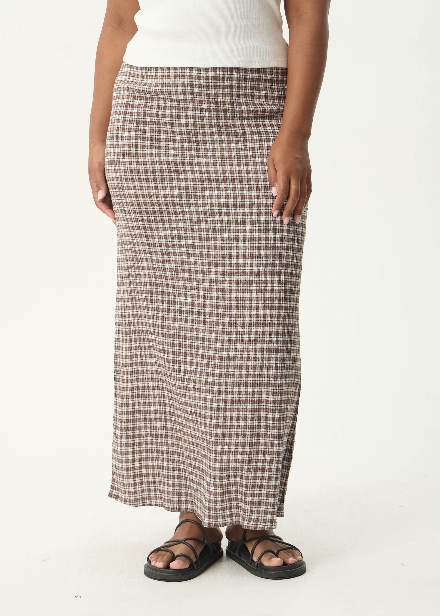 AFENDS Womens Lita - Seersucker Maxi Skirt - Base Coffee Check