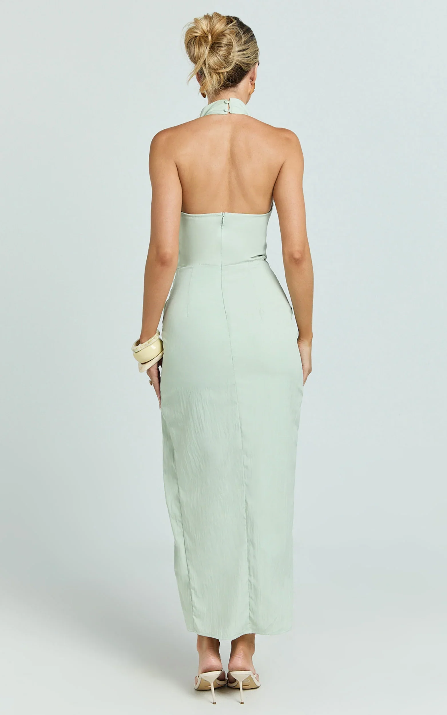 Finn Midi Dress - Folded Cowl Halter With Front Leg Split in Sage
