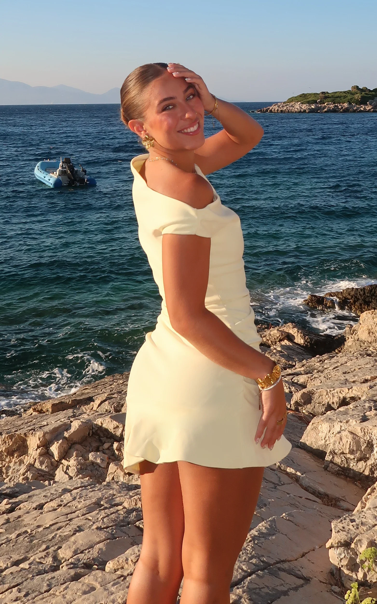 Goldie Mini Dress - Tipped Off Shoulder Cap Sleeve Ruched Fitted Ruffle Hem Skirt Dress in Lemon