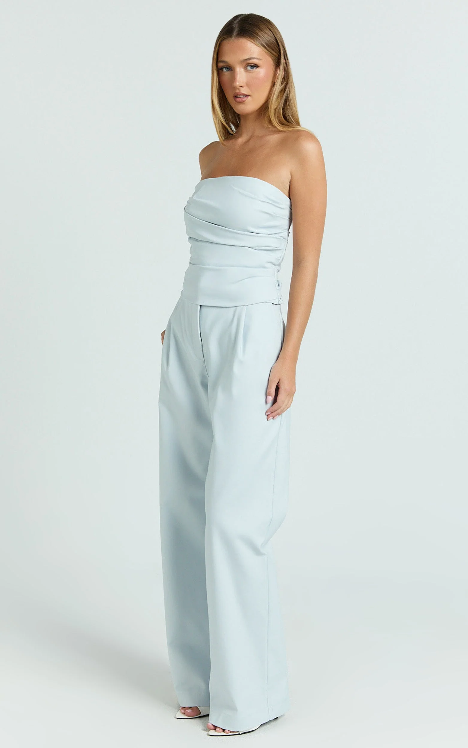 Ella Two Piece Set - Ruched Strapless Top and Tailored Pants in Blue