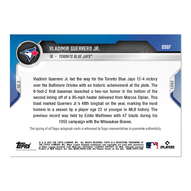 On-Card Auto # to 1 - Vladimir Guerrero Jr. - 2021 MLB TOPPS NOW® Card 898F
