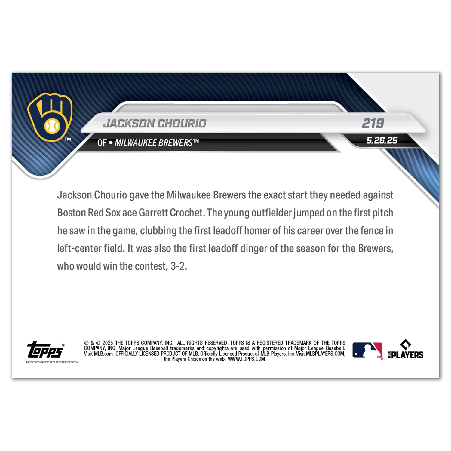 Jackson Chourio - 2025 MLB Topps NOW® - Card 219