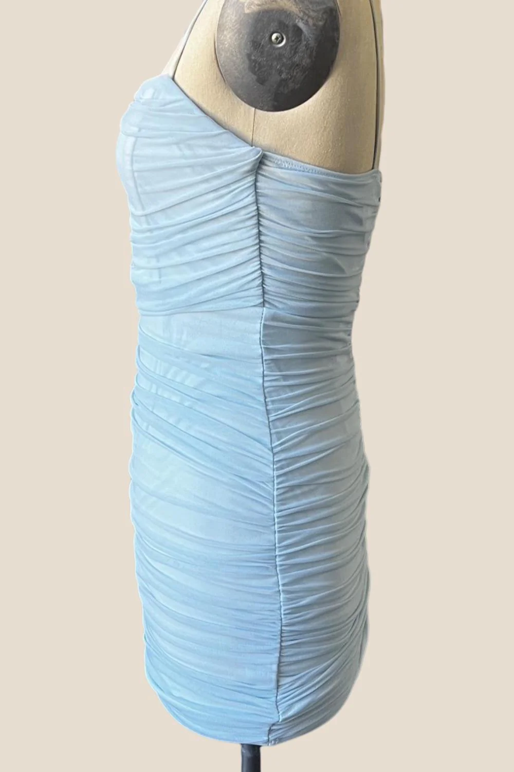Spaghetti Straps Light Blue Tulle Tight Mini Dress