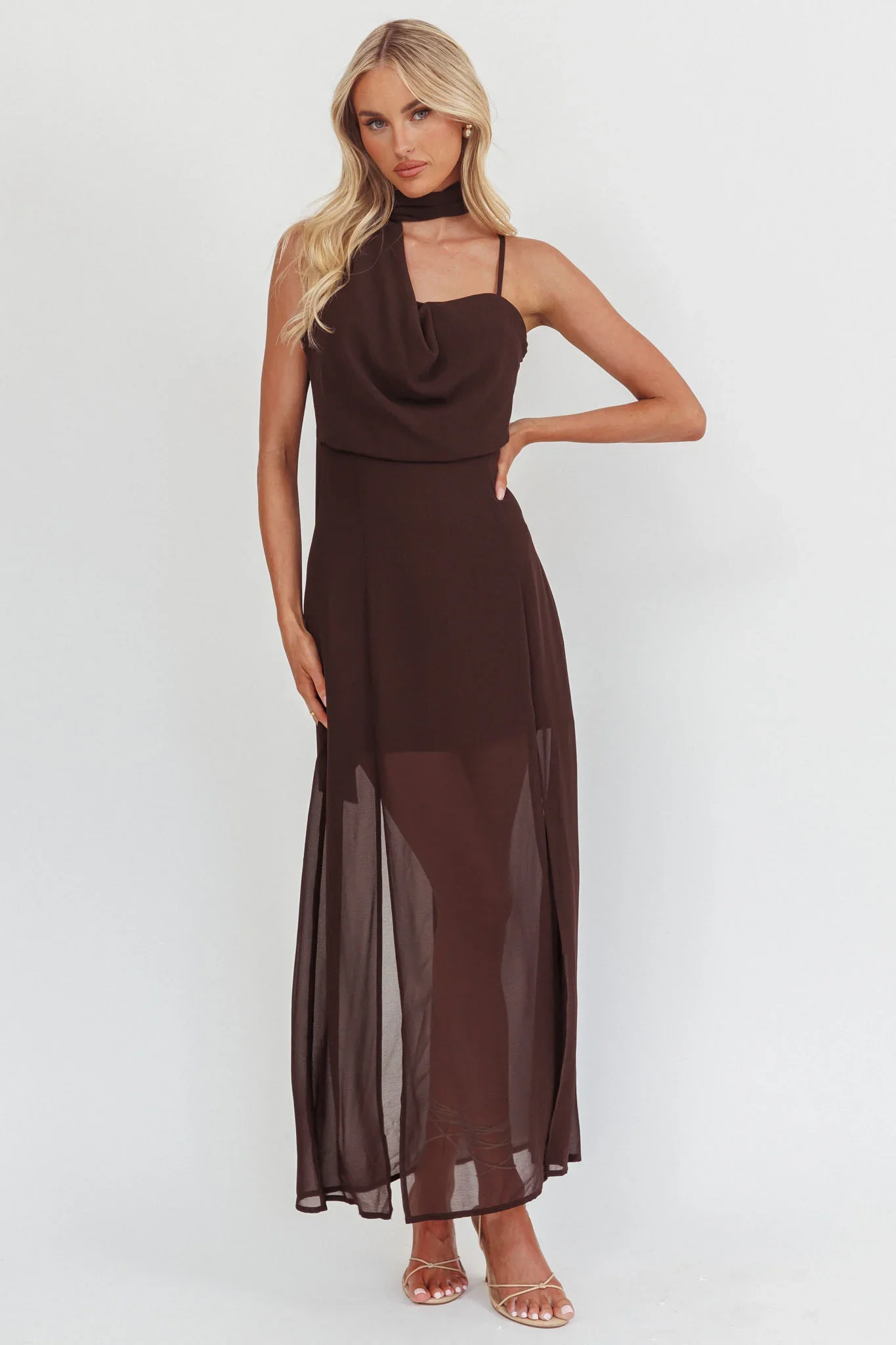 My Paradise Neck Scarf Maxi Dress Chocolate