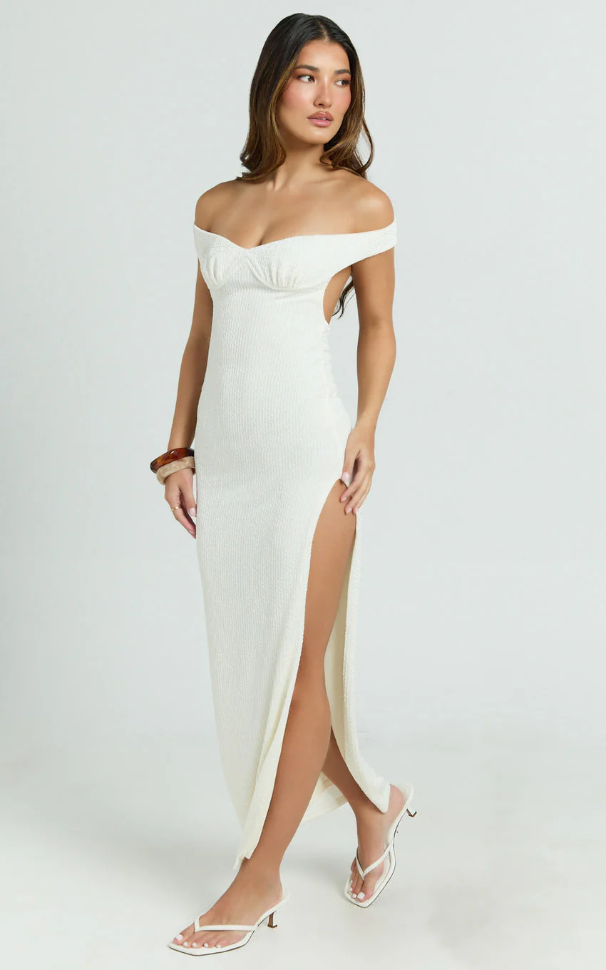 Anziel Maxi Dress - Underwire Off Shoulder Backless Column Jersey Tie Back in Off White