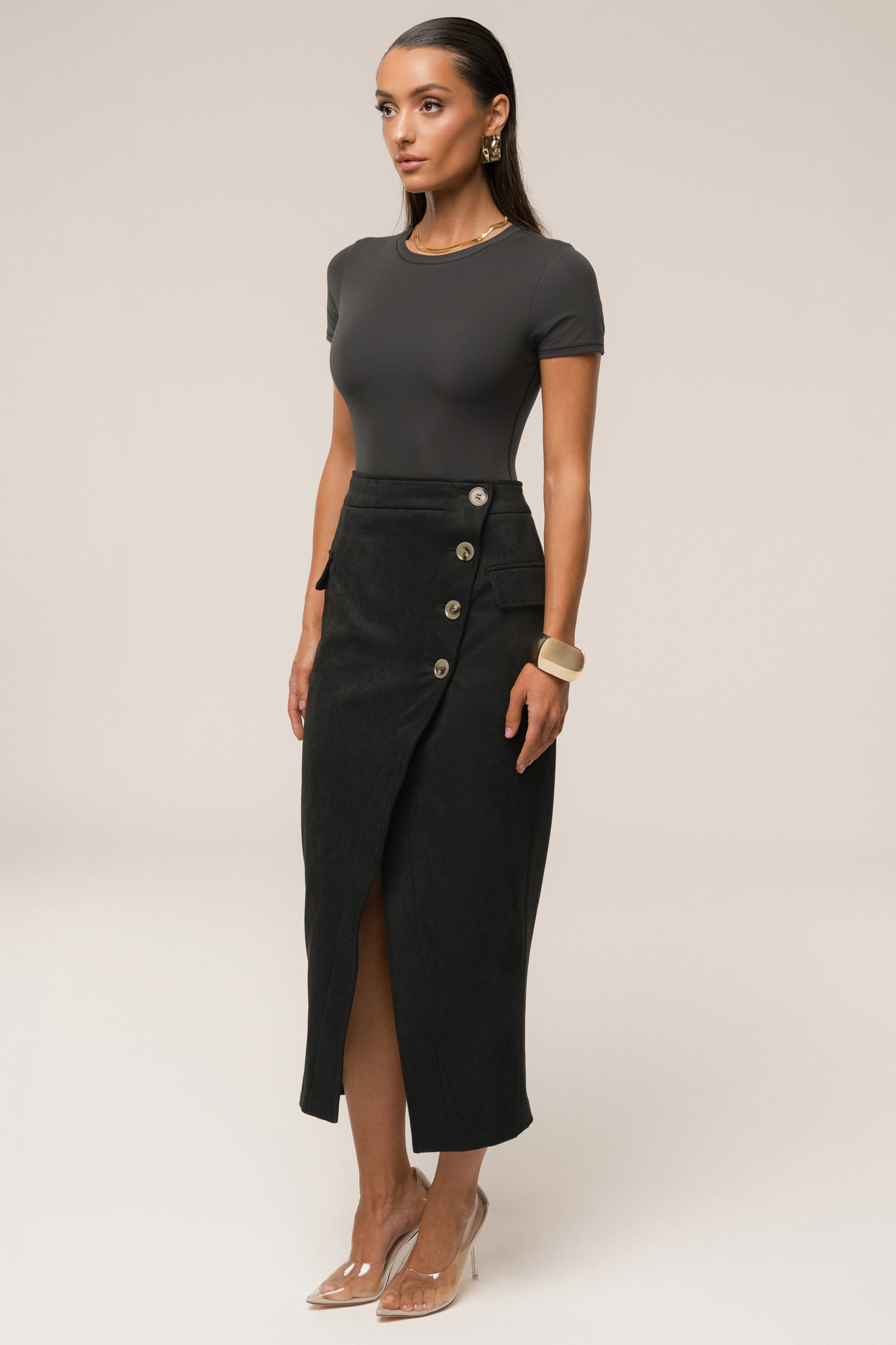 Black Audrey Suede Midi Skirt