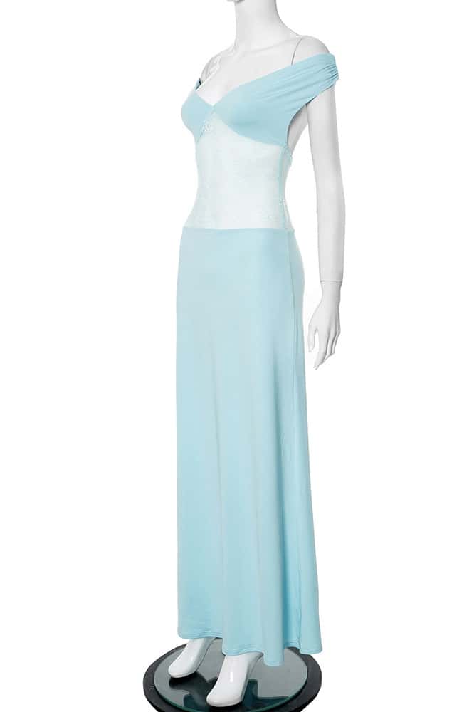 Off the Shoulder Blue Sheer Spandex Long Dress