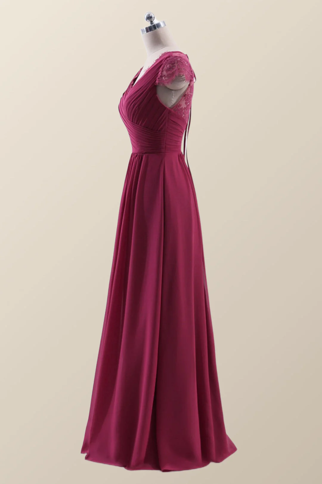 Cap Sleeves Burgundy Chiffon Long Bridesmaid Dress