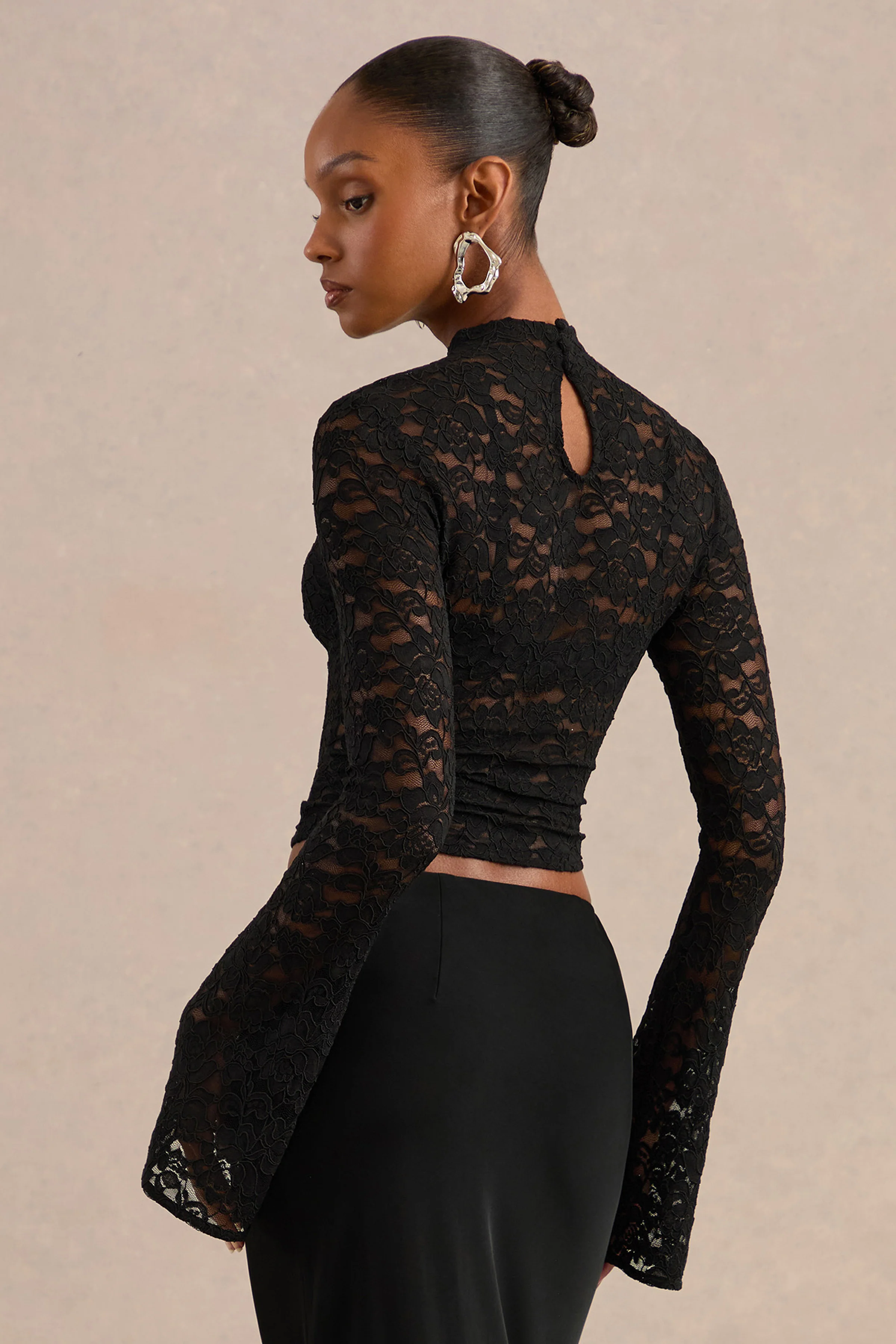 Maline | Black Lace High Neck Bell Sleeve Top With Sheer Detail