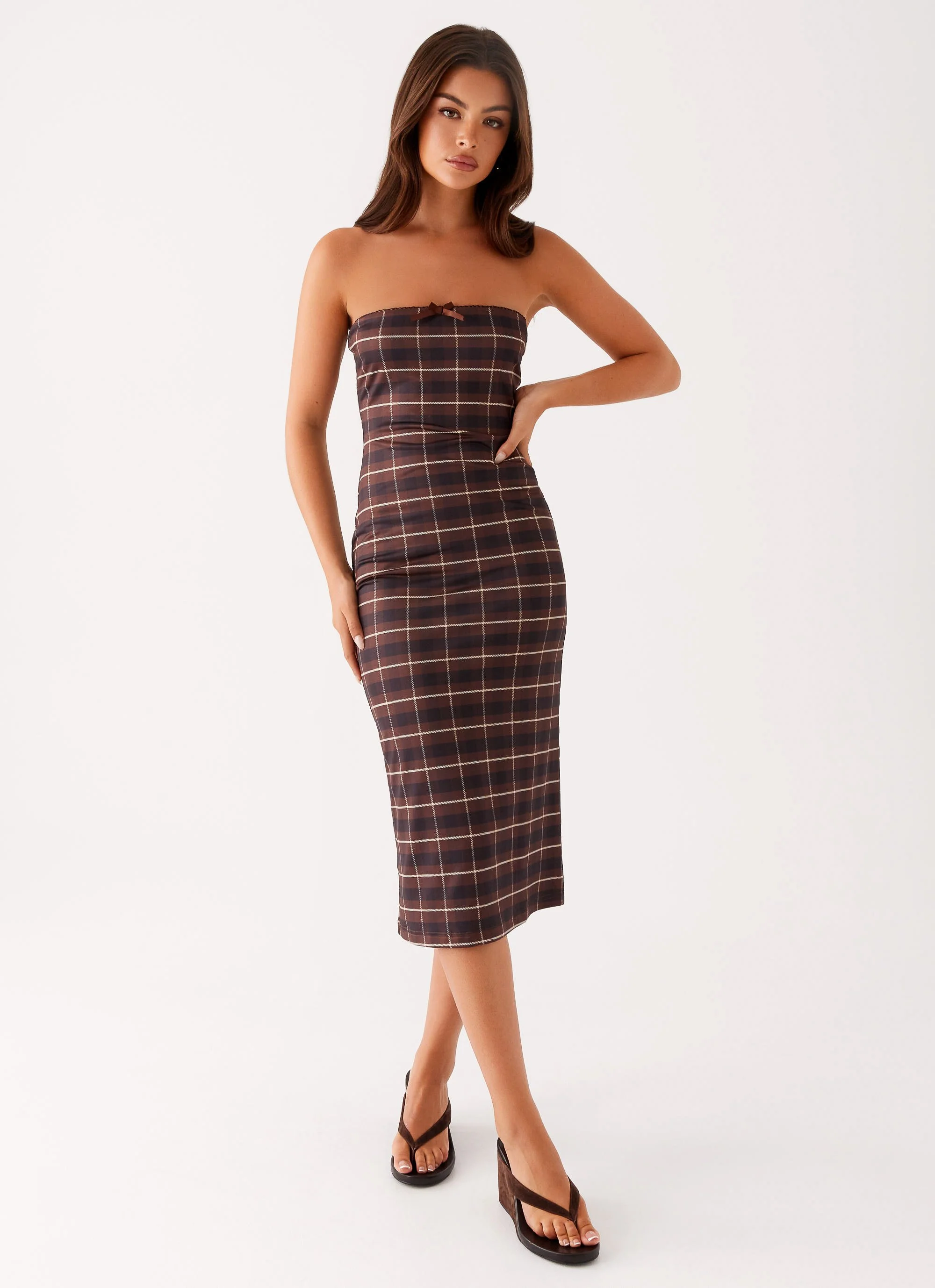Niko Strapless Midi Dress - Brown Black Check