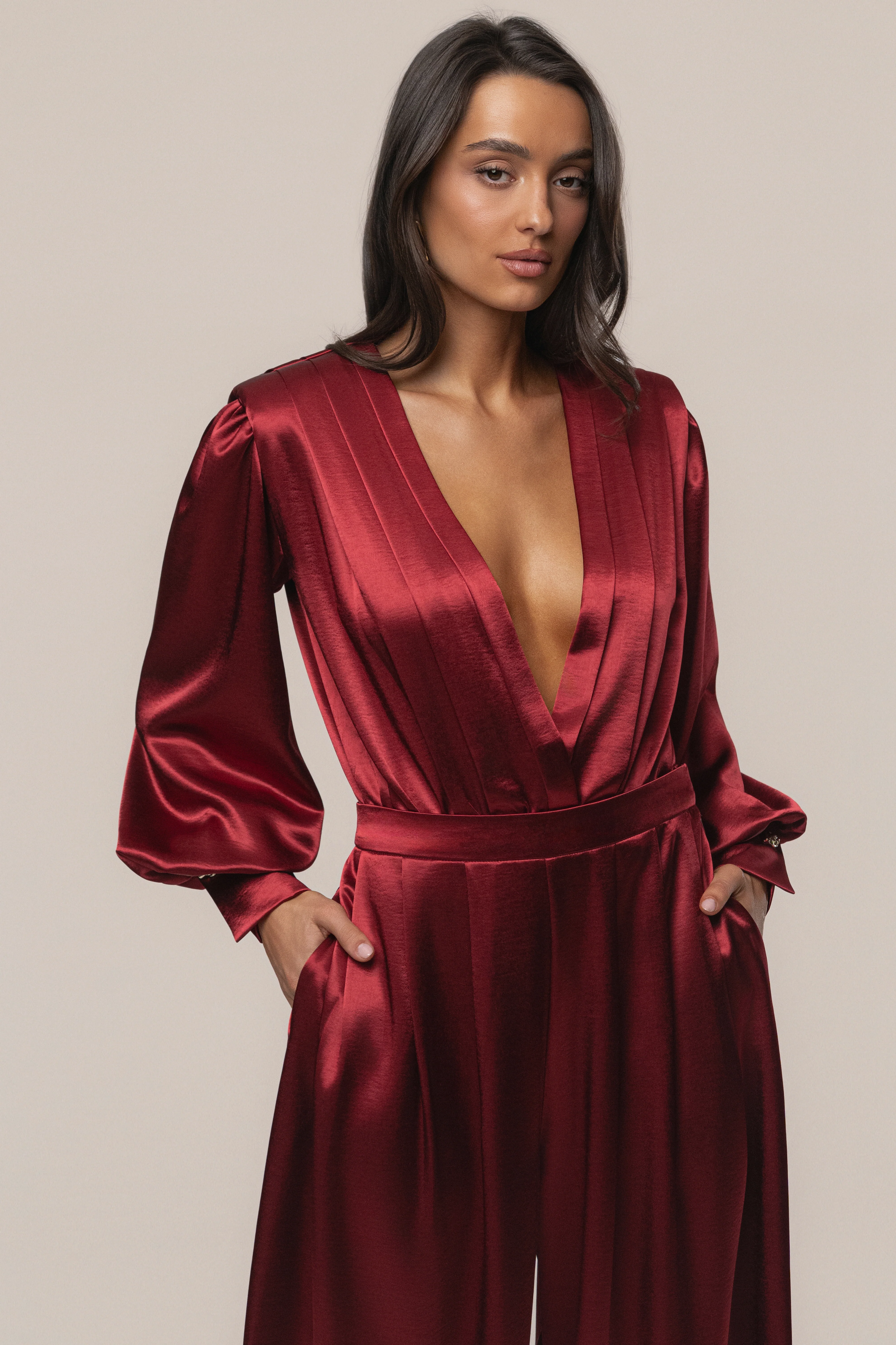 Burgundy Satin Bliss Pleated Pant
