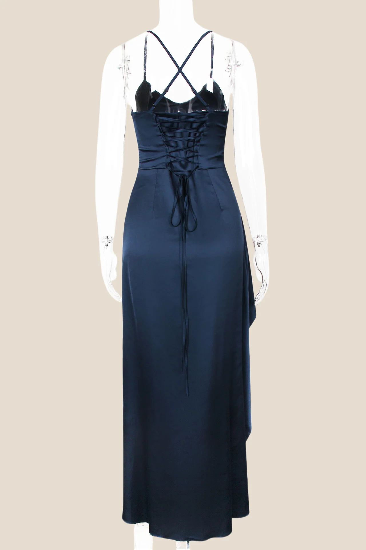 Straps Navy Blue Ruched Long Dress with Slit