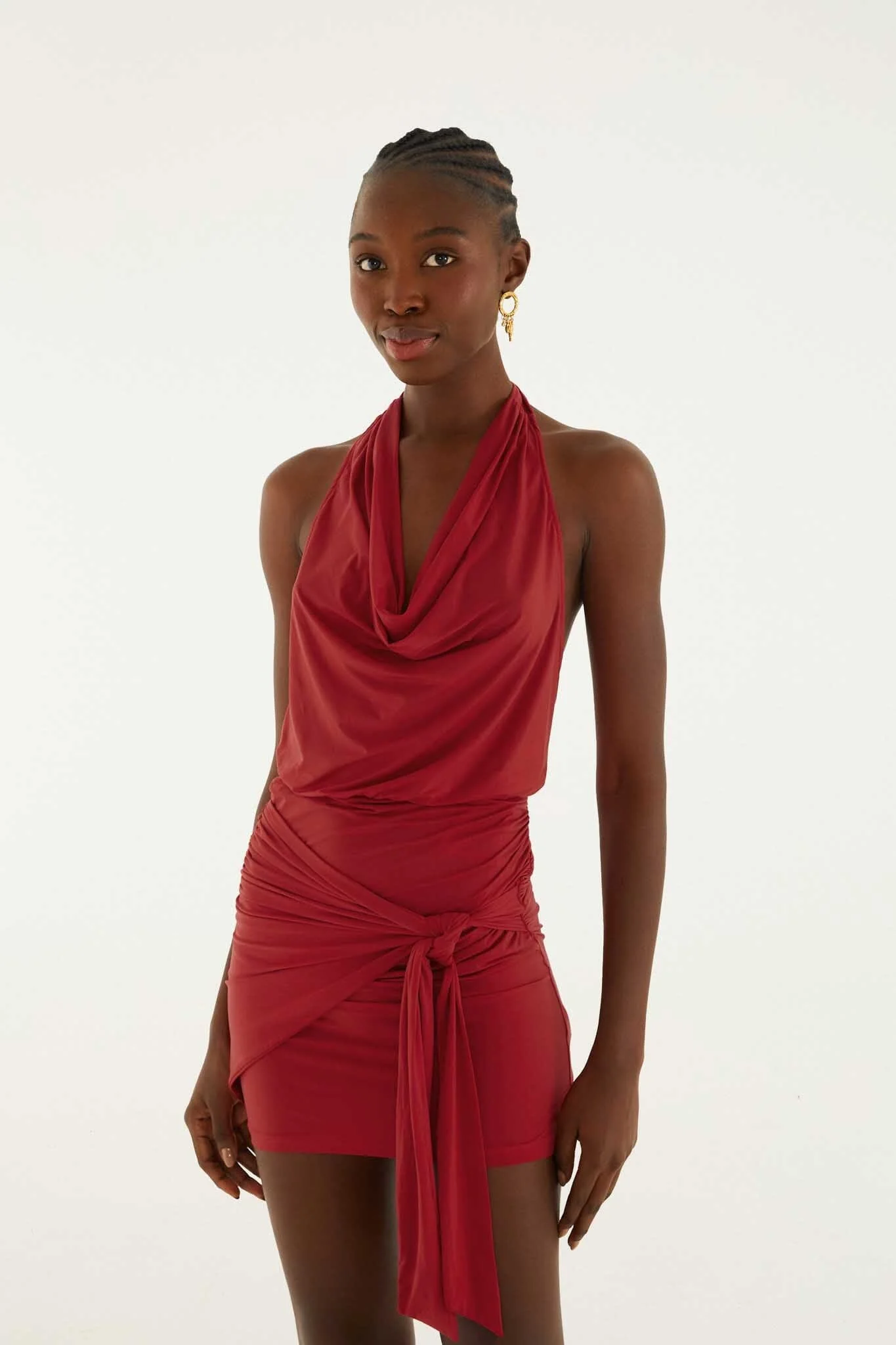 Red Draped Halter Neck Mini Dress