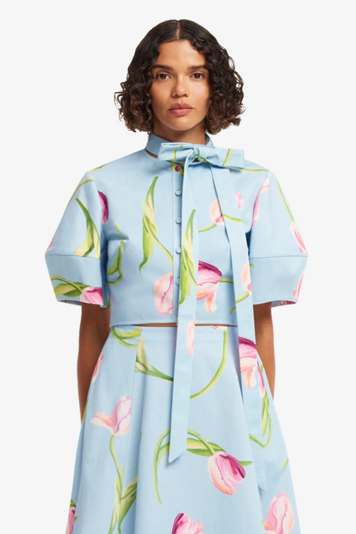 Molly Puff Sleeve Top - Tulip Print in Blue