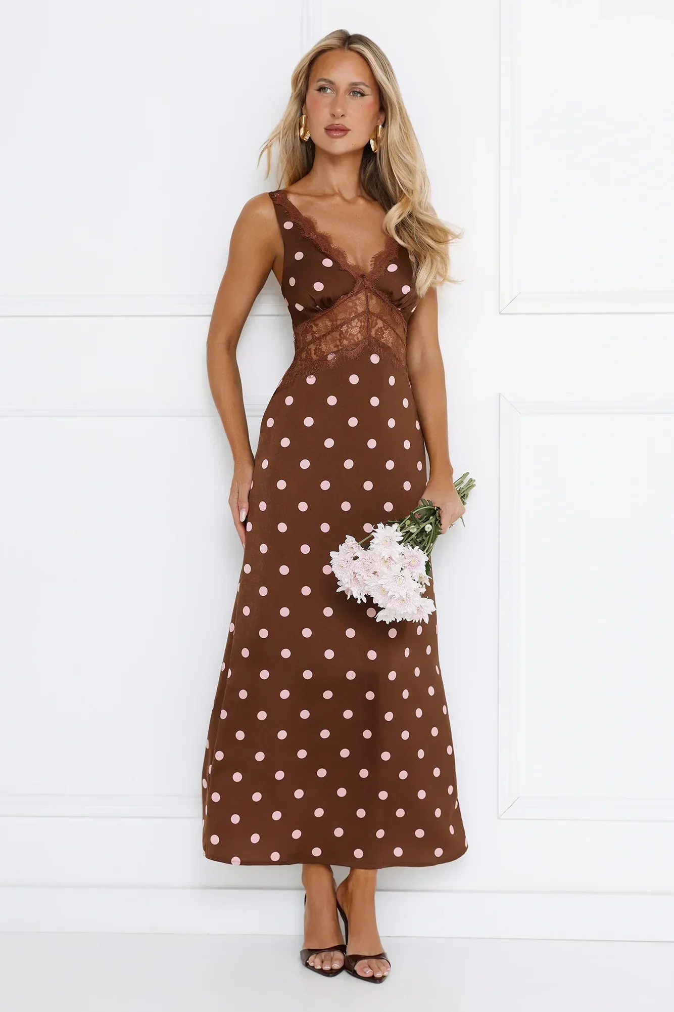Staple Trend Polka Dot Satin Maxi Dress Brown
