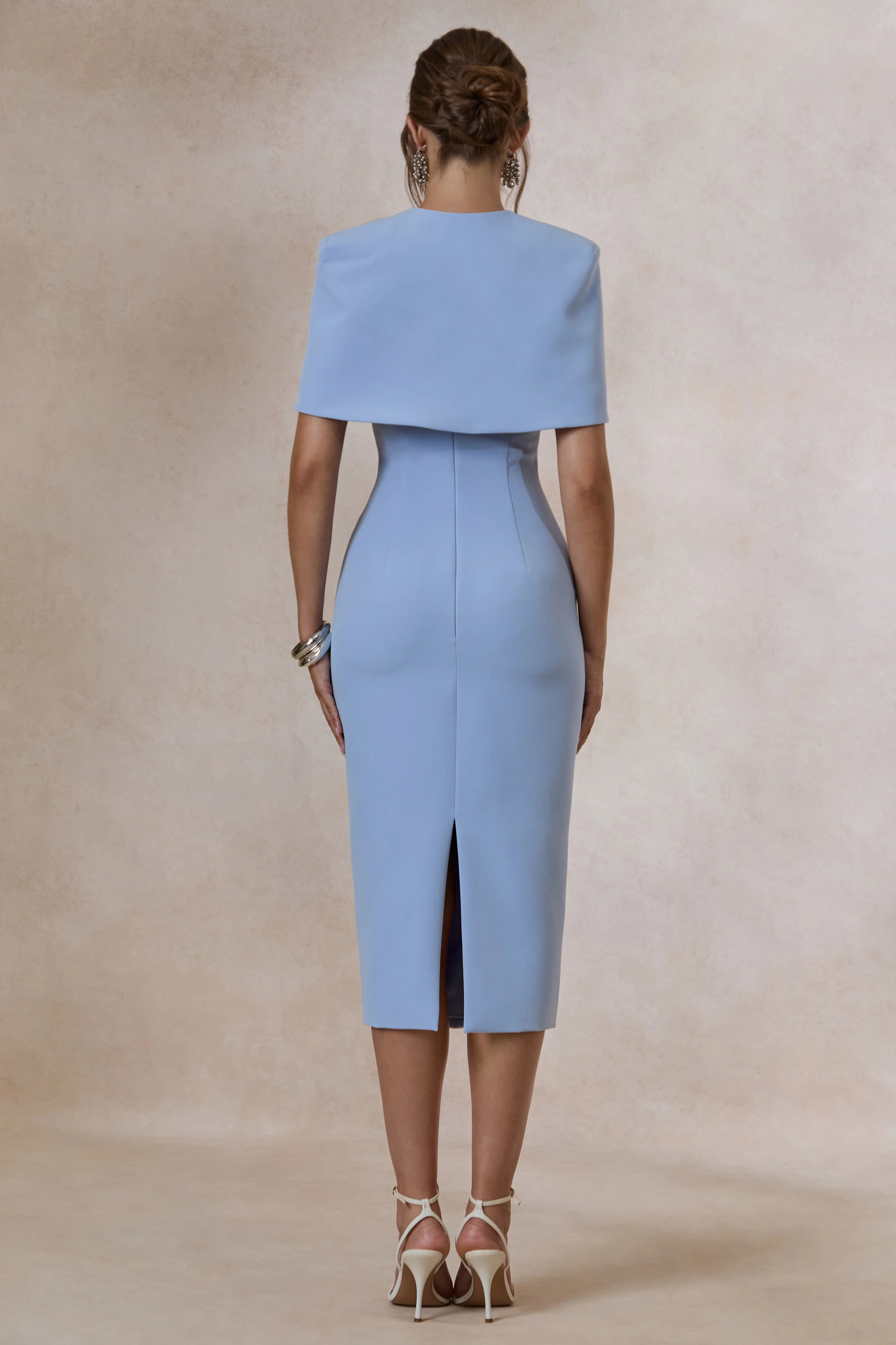Celandia | Light Blue Round Neck Midi Dress With Detachable Cape And Back Split