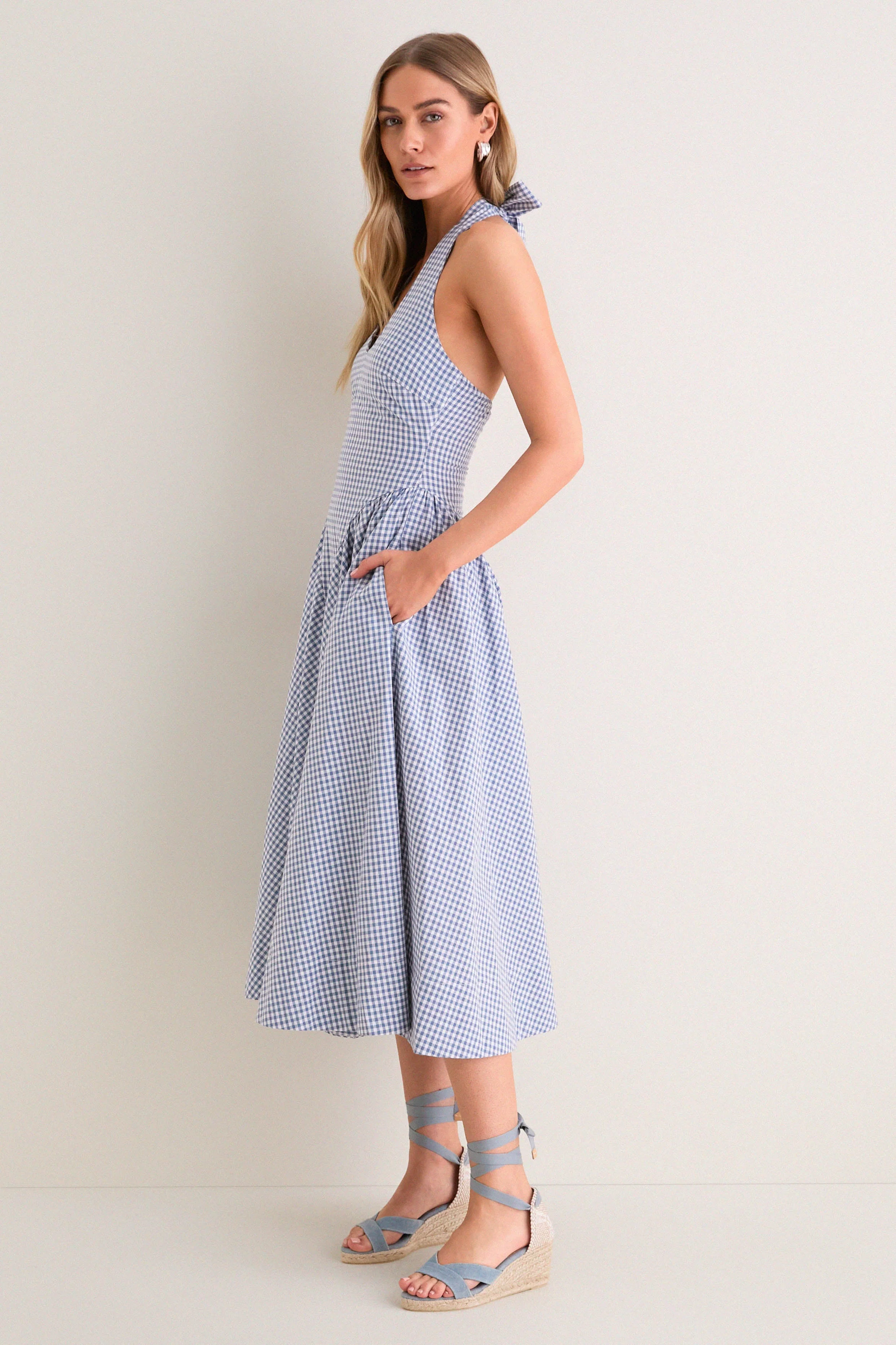 Blue Gingham Meana Halter Midi Dress