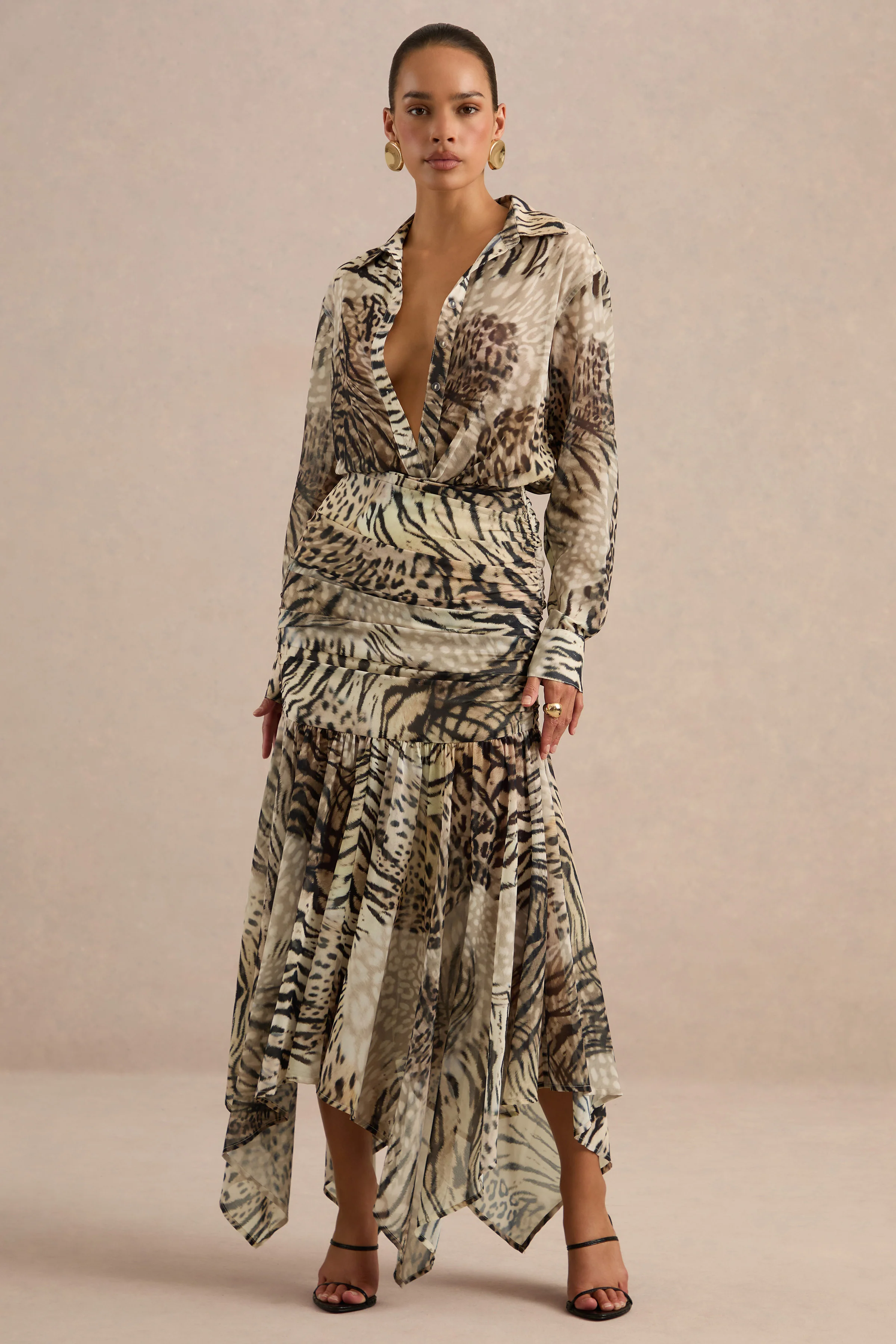 Kris | Brown Animal Print Chiffon V Neck Long Sleeve A-Line Maxi Dress