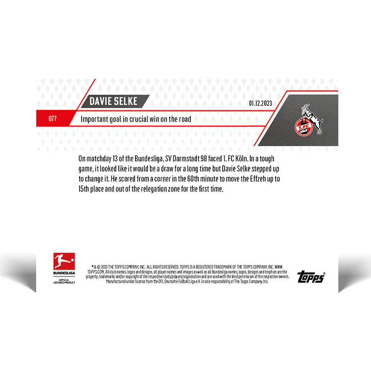 Topps UK - Davie Selke - Important three points in relegation battle - Bundesliga TOPPS NOW® Card #77