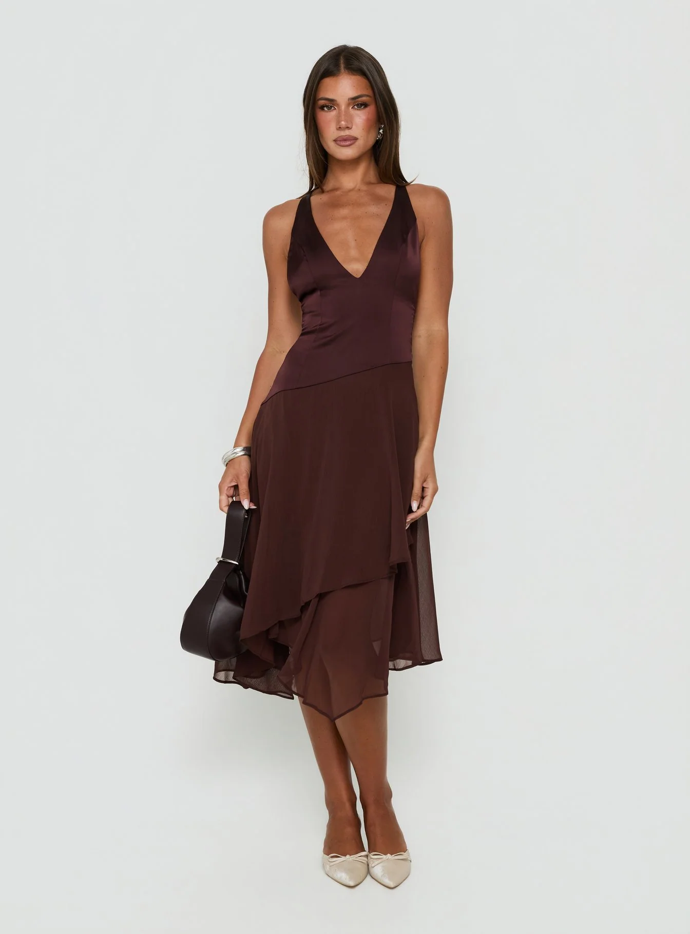 Emeliah Asymmetrical Plunge Midi Dress Brown