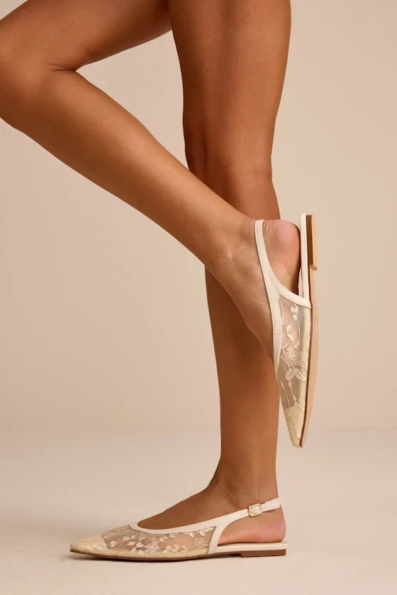 Cepheus Cream Mesh Embroidered Slingback Flats