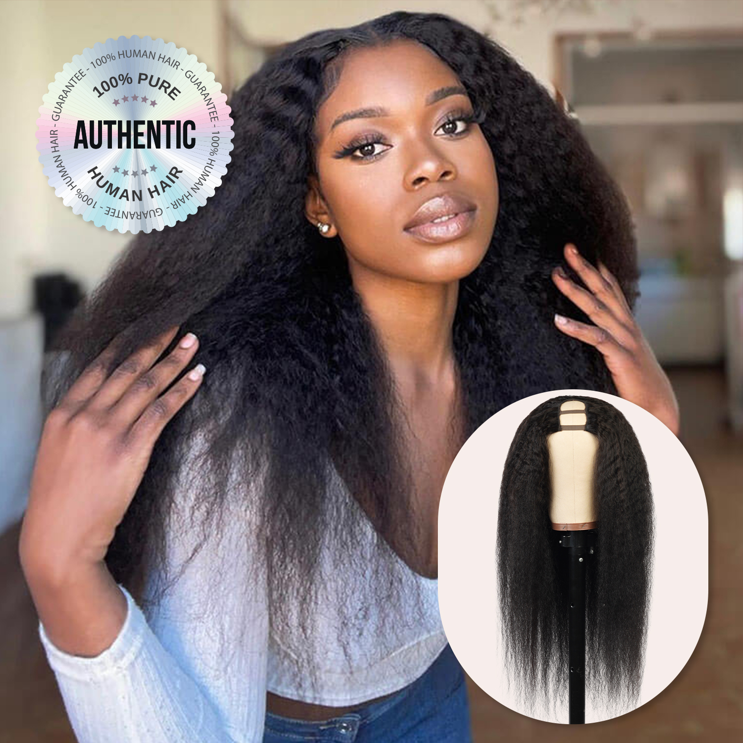 Diva Queen 100% Virgin Human Hair U-Part Clip Wig Kinky Straight 26