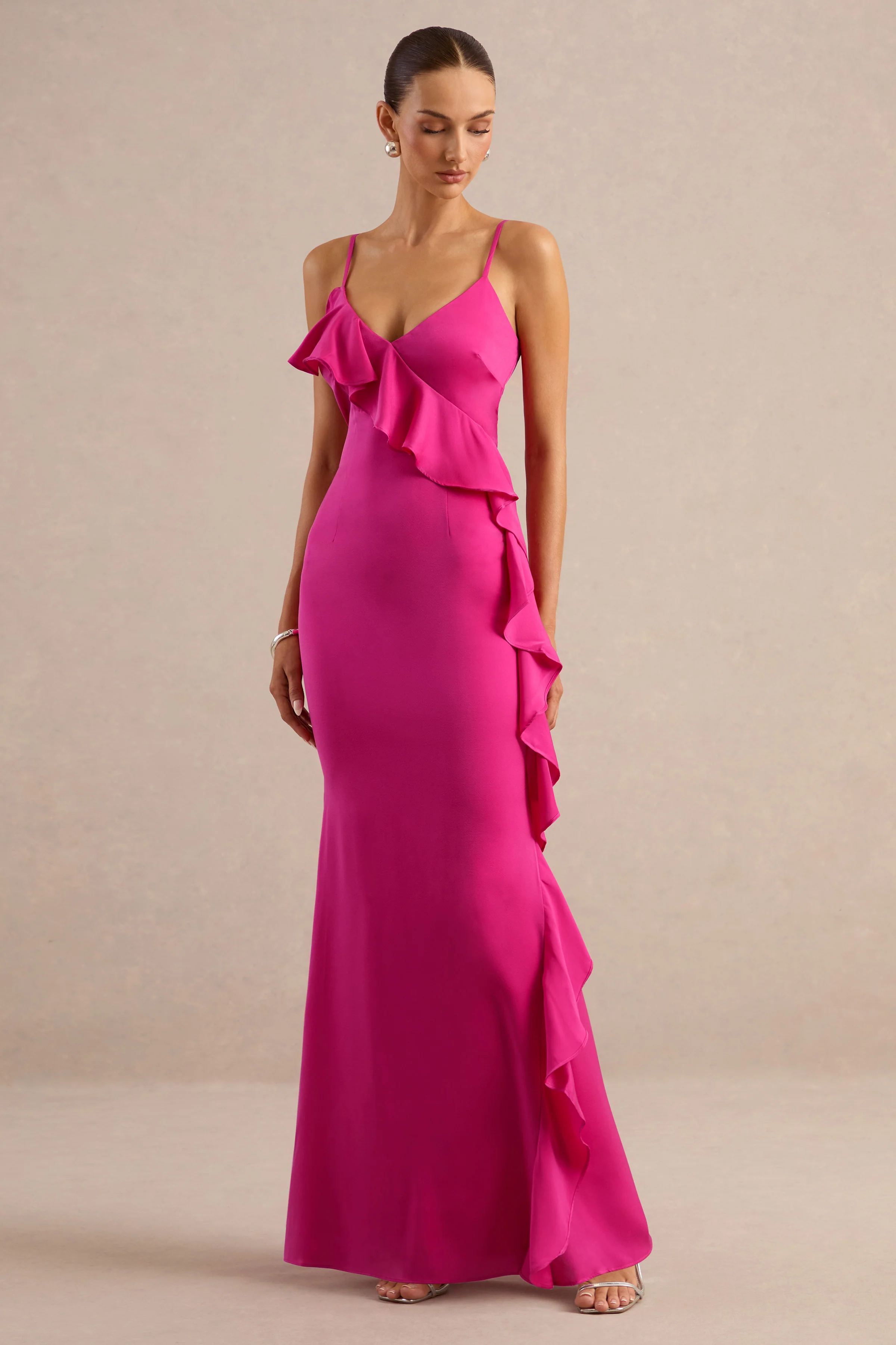 Marcelina | Hot Pink Satin V-Neck Maxi Dress With Ruffled Detailing