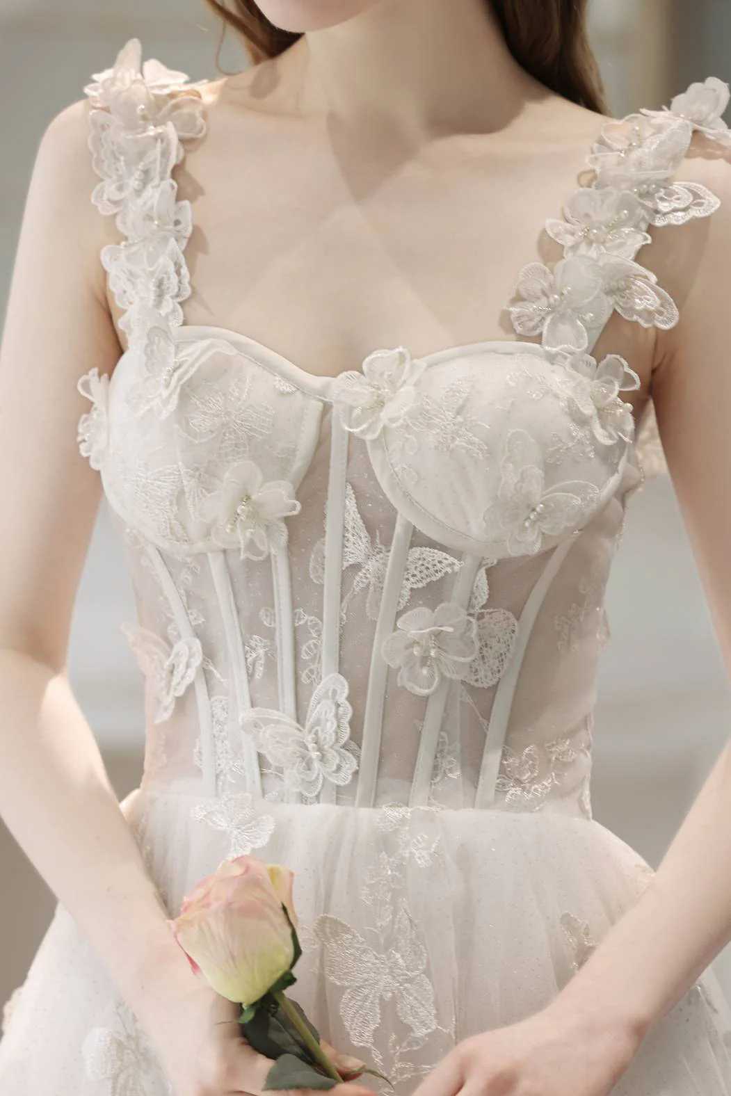 3D Flowers White Corset A-line Long Dress