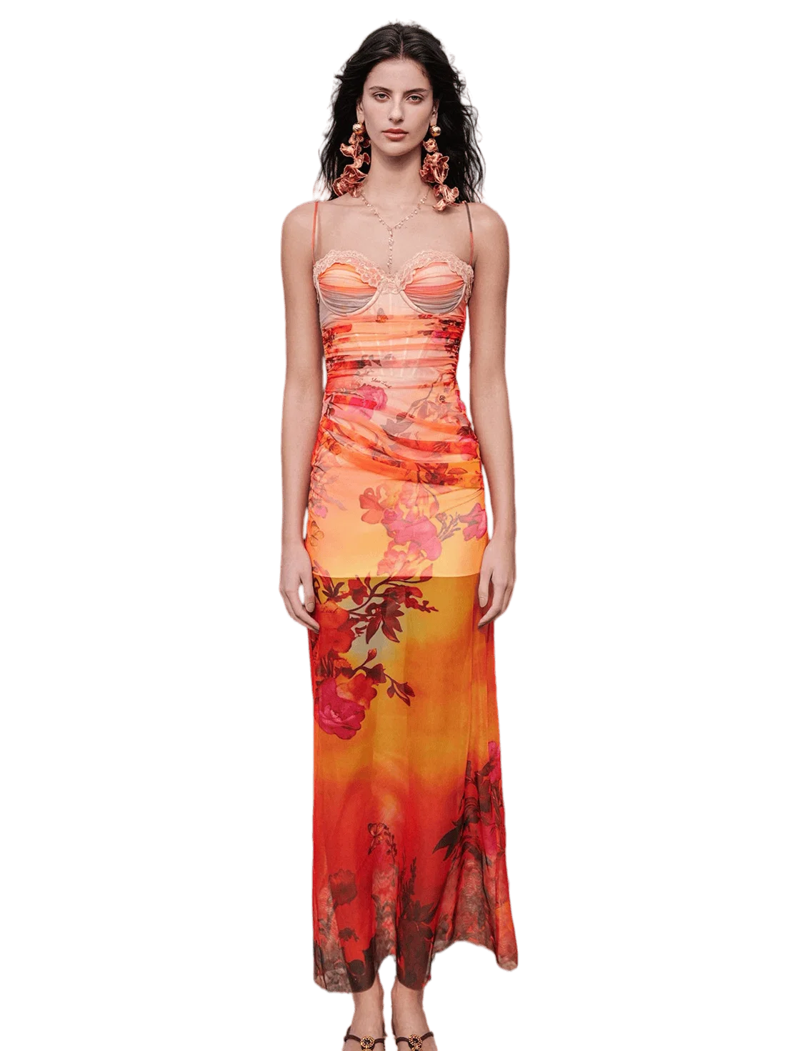 Floral Mesh Corset Slip Mermaid Maxi Dress