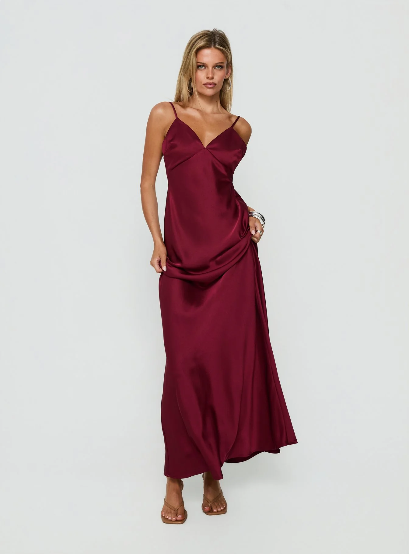 Flip A Switch Satin Lace Slip Maxi Dress Burgundy