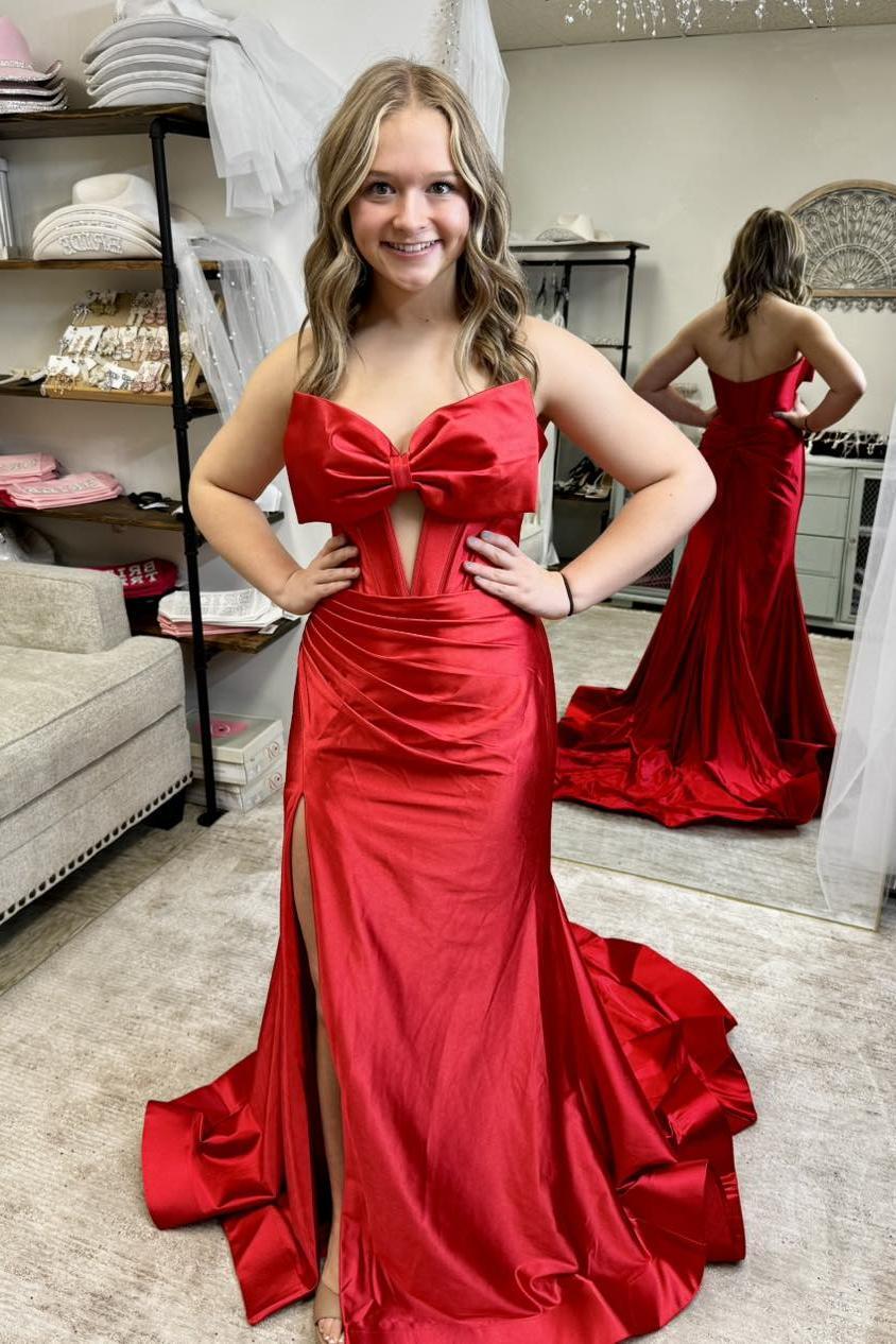 Strapless Red Bow Front Mermaid Long Dress