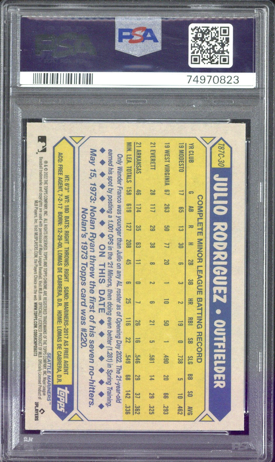 2022 Topps Chrome Silver Pack Julio Rodriguez RC #T87C30 PSA 8