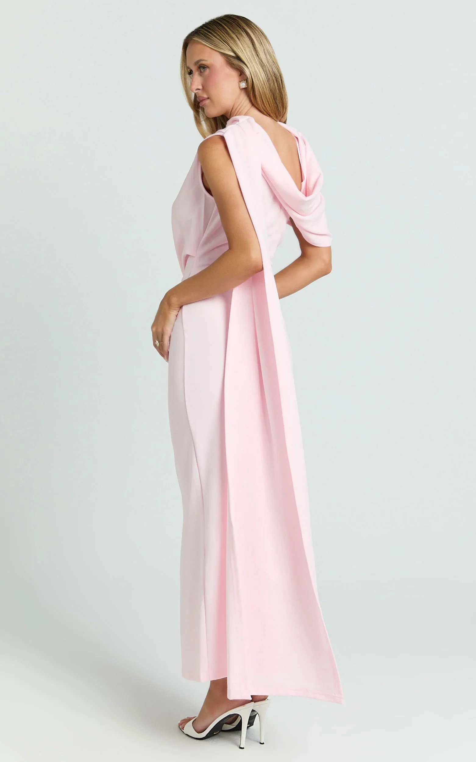 Visenta Midi Dress - Asymmetrical Sleeve Dress in Pink