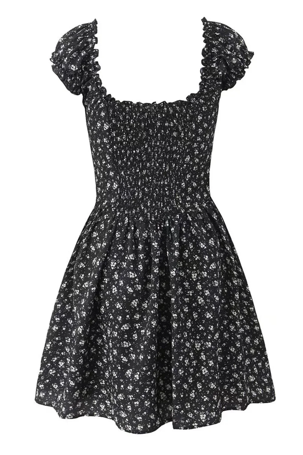 Black Floral Cap Sleeve Ruched Long Dress