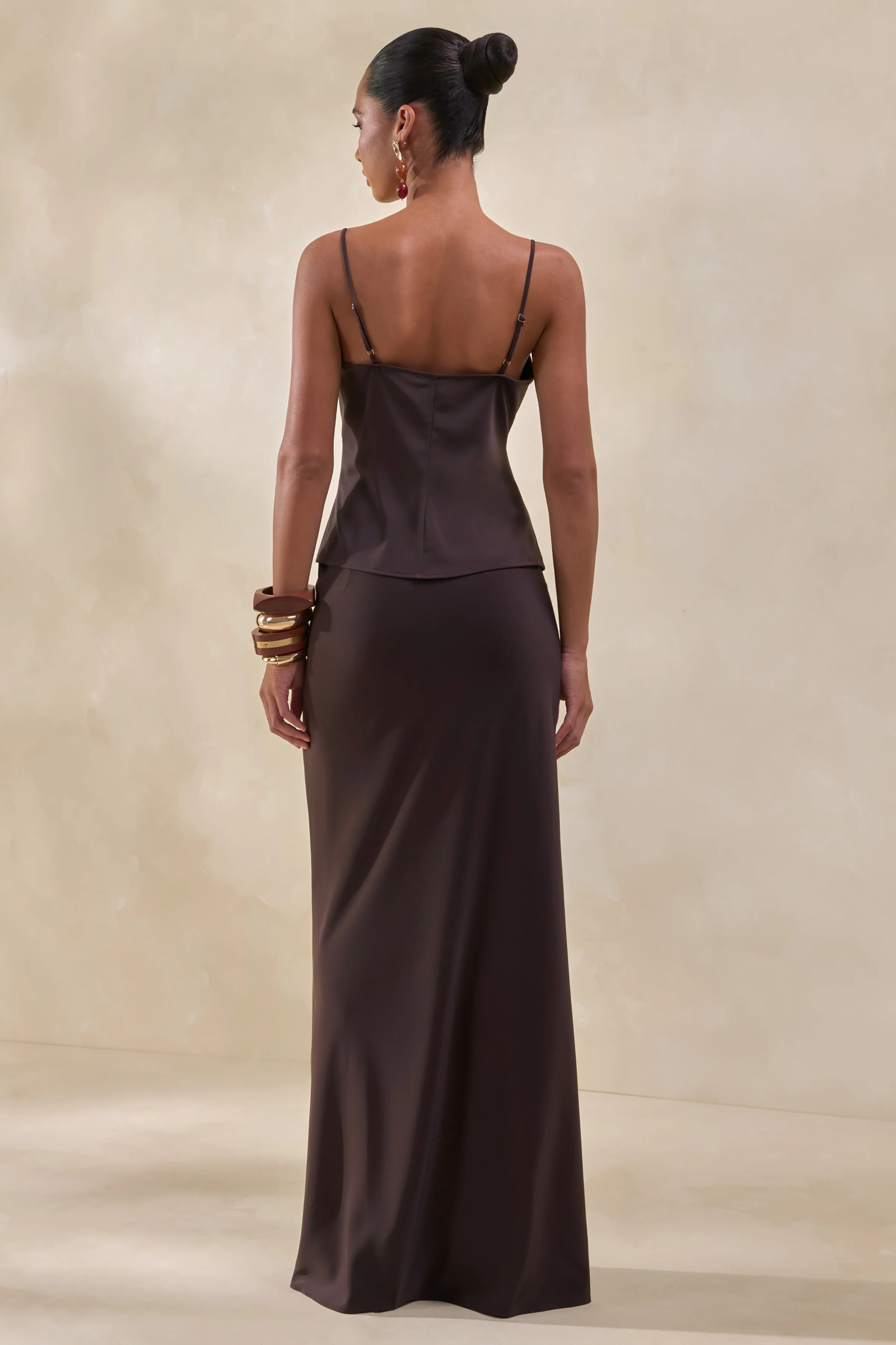 Sybella | Dark Brown Satin V-Neck Top