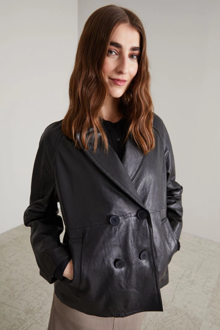 Double-breasted nappa pea coat - BLACK