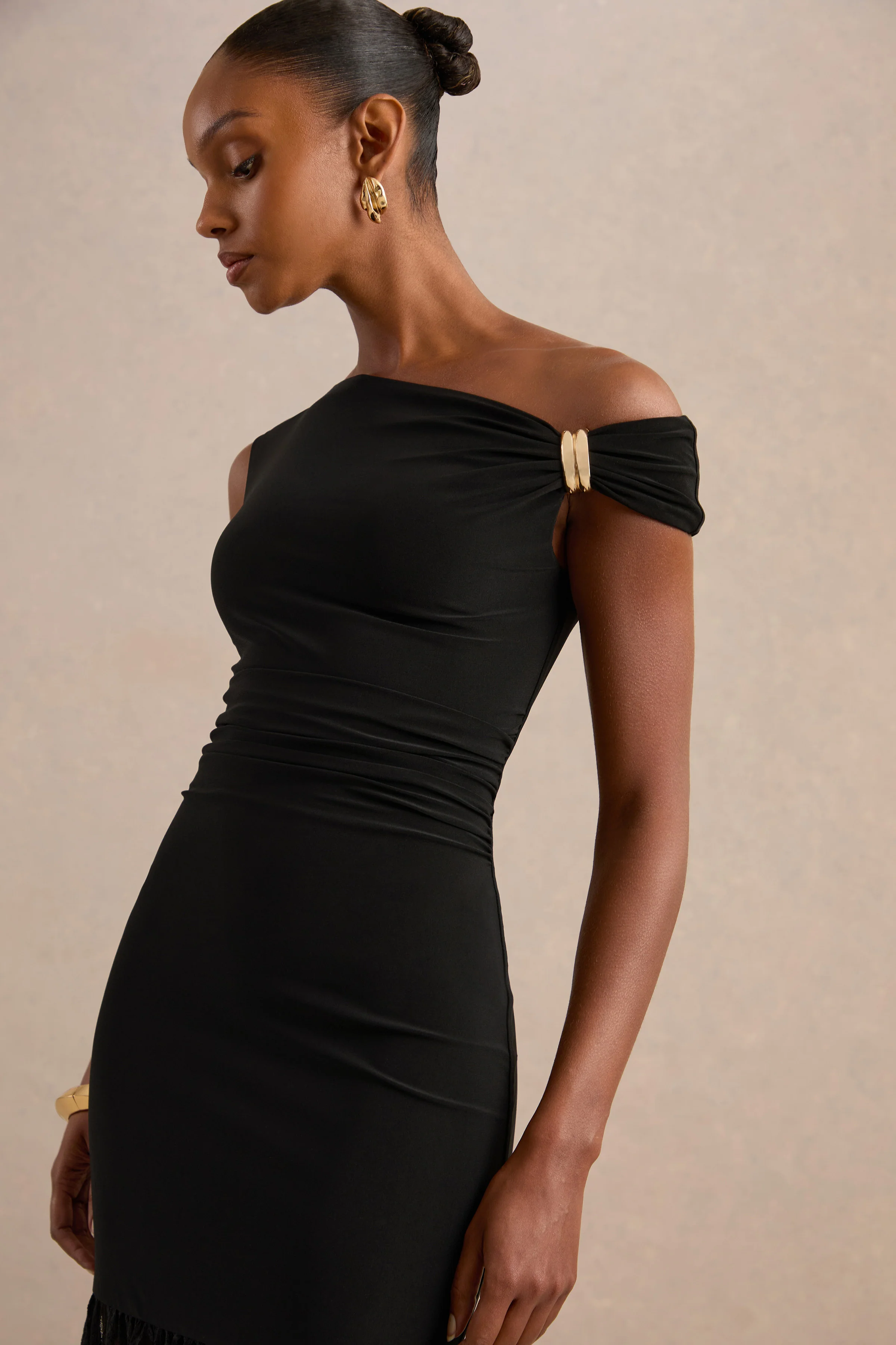 Iolana | Black Jersey One Shoulder Maxi Dress With Lace Skirt and Gold Detailing