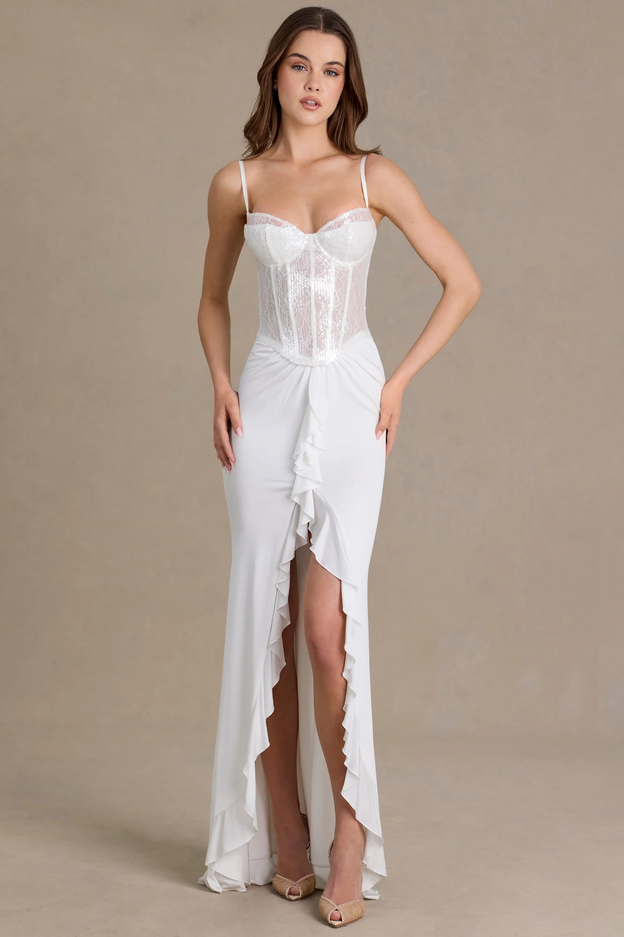 Embellished Lace Corset Gown in Snow