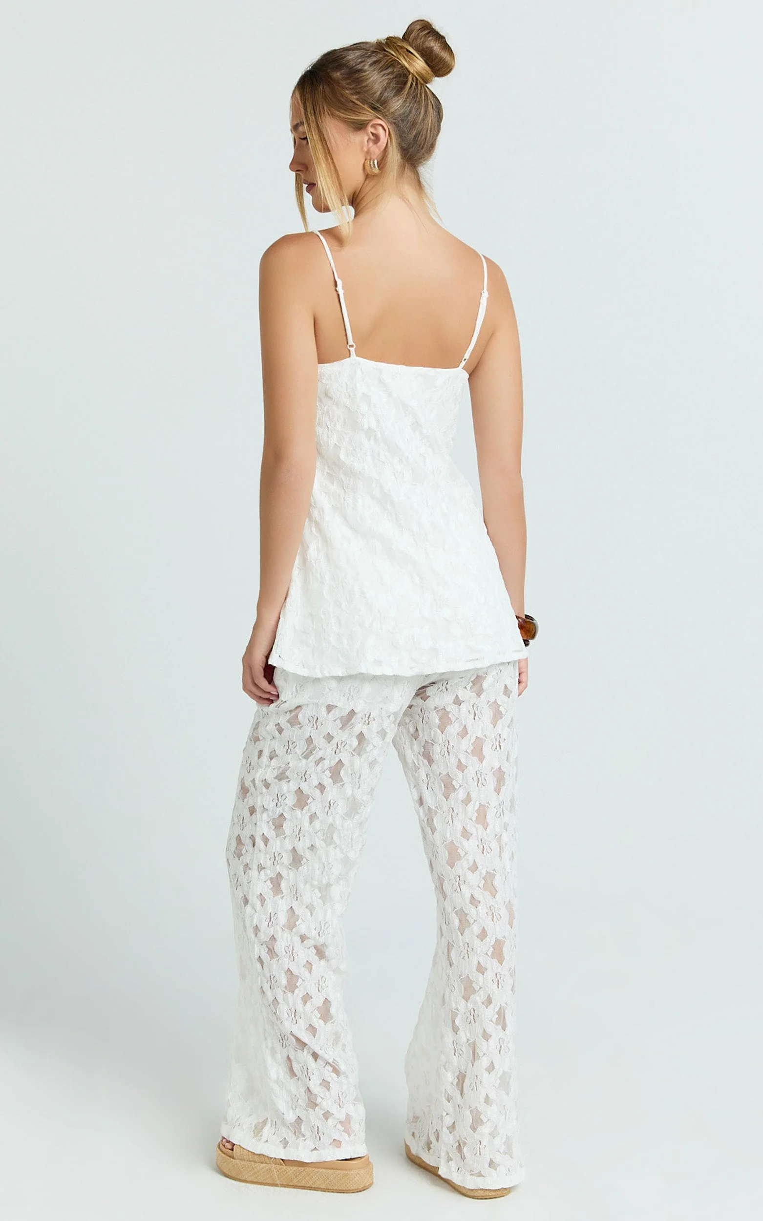 Leah Two Piece Set - Beaded Cami and Wide Leg Lace Pant Set in White