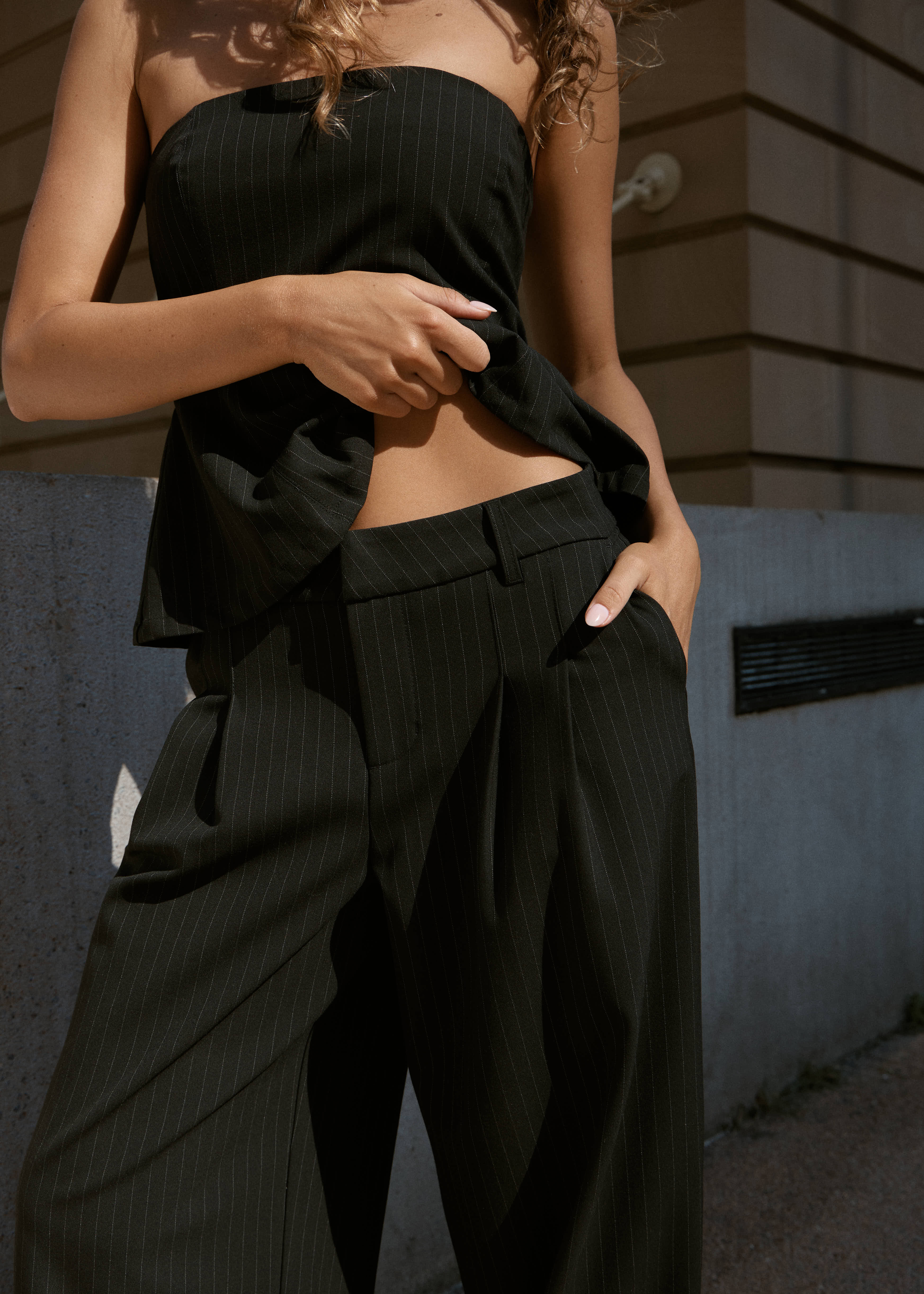 AFENDS Womens Business - Pinstripe Low Rise Trouser - Black